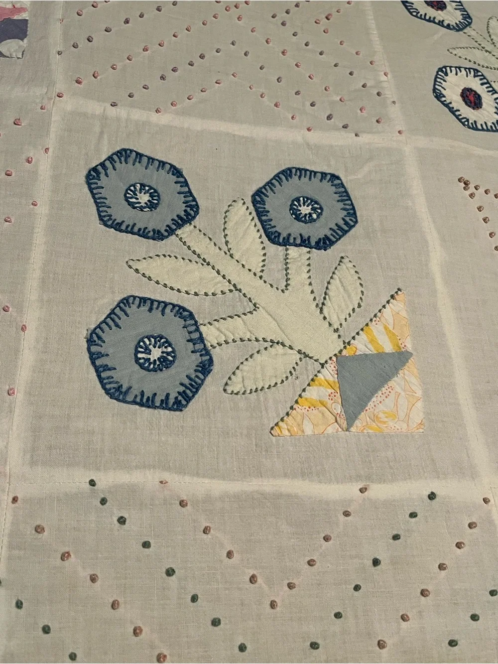 Vintage Hand Appliquéd Embroidered Flower Basket Bedspread/Coverlet 100” x 88”